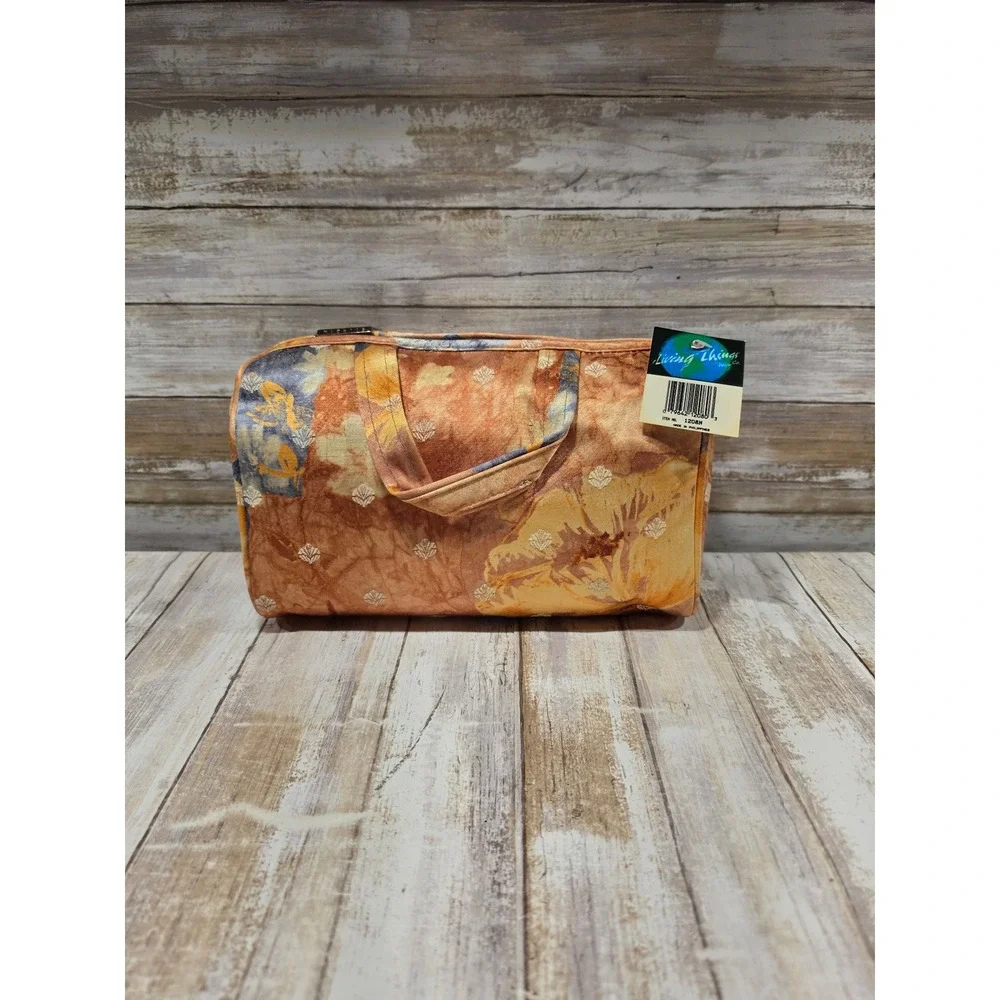 Living Things Co Abstract Floral Batik Canvas Barrel Travel Bag‎ Orange Blue NWT